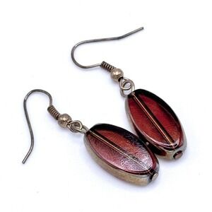 Oval Glass Dangle Earrings Amber Brown Copper Tone Fish Hook Boho Earrings